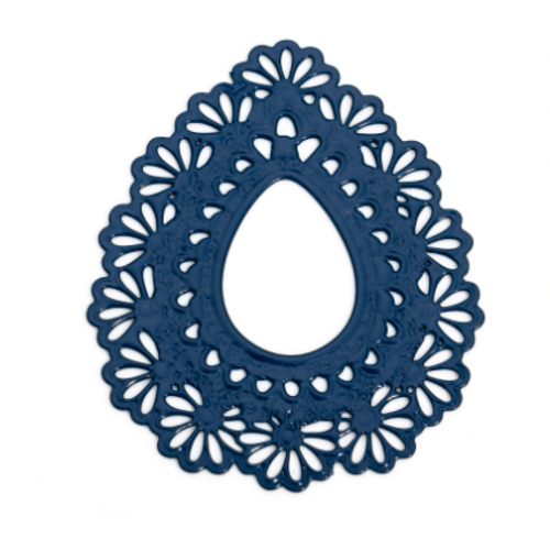 1 pendentif - estampe en filigrane - goutte d'eau - fleurs - bleu marine - r325