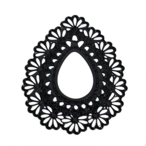1 pendentif - estampe en filigrane - goutte d'eau - fleurs - noir - r330