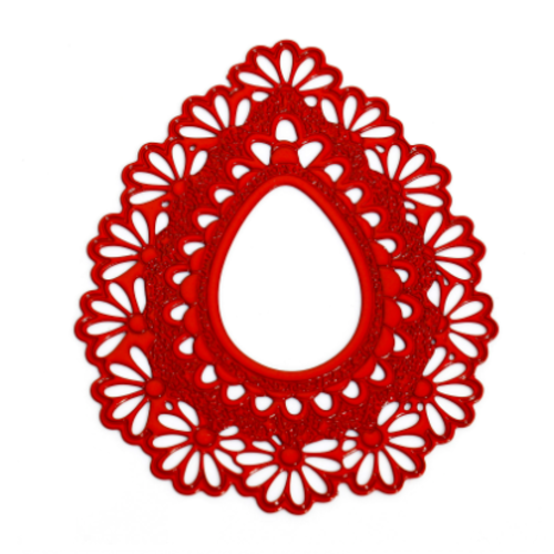 1 pendentif - estampe en filigrane - goutte d'eau - fleurs - rouge