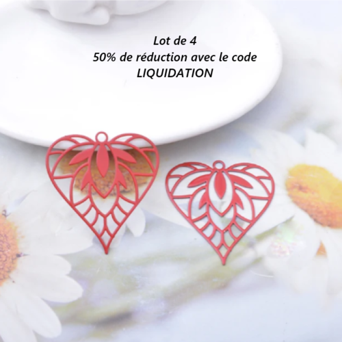 Lot de 4 pendentifs - estampes en filigrane - coeur - rouge