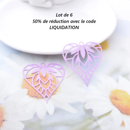Lot de 6 pendentifs - estampes en filigrane - coeur - parme