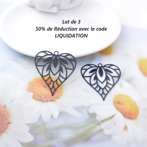 Lot de 3 pendentifs - estampes en filigrane - coeur - noir