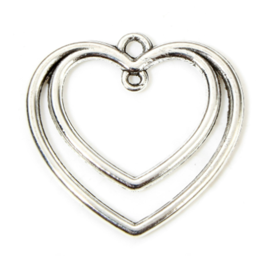 1 pendentif - double coeur - métal argenté -  r201