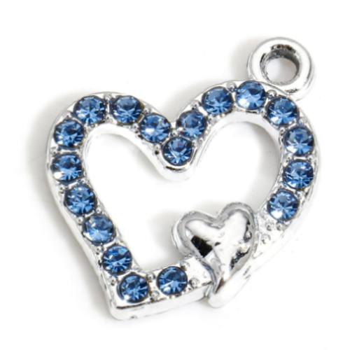 1 breloque coeur strass bleu - métal argenté - r973