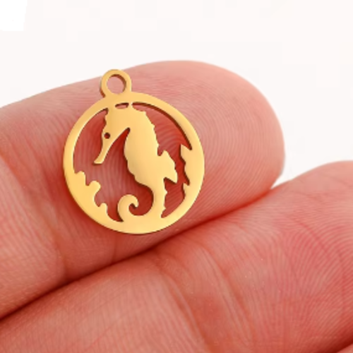 1 pendentif breloque - hippocampe - acier inoxydable - doré