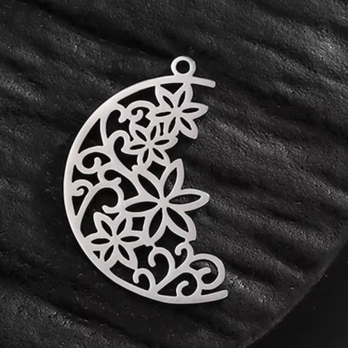 1 pendentif breloque - demi lune - fleurs - acier inoxydable - argenté