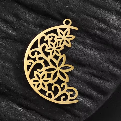 1 pendentif breloque - demi lune - fleurs - acier inoxydable - doré