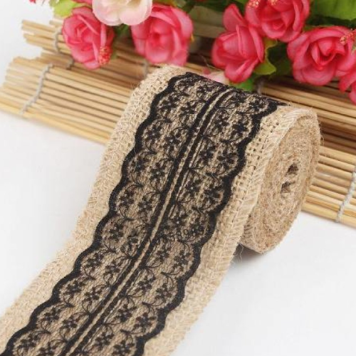 100 cm de ruban toile de jute et dentelle noire
