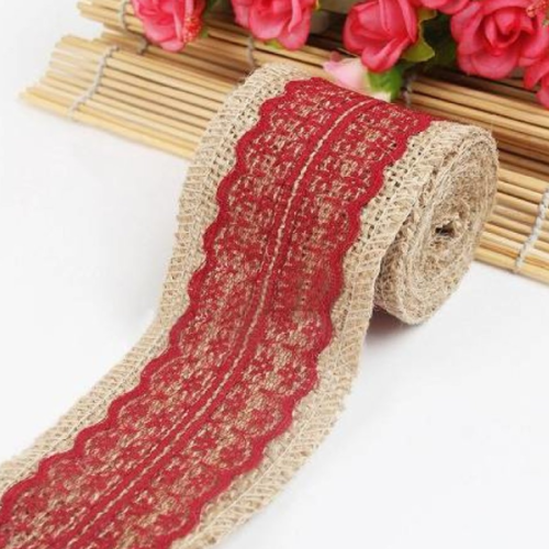 45 cm de ruban toile de jute et dentelle bordeaux