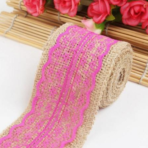 90 cm de ruban toile de jute et dentelle fuchsia