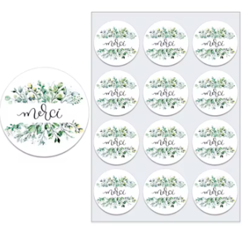 Lot de 10 étiquettes autocollantes " merci " - etiquette fleurs tons verts