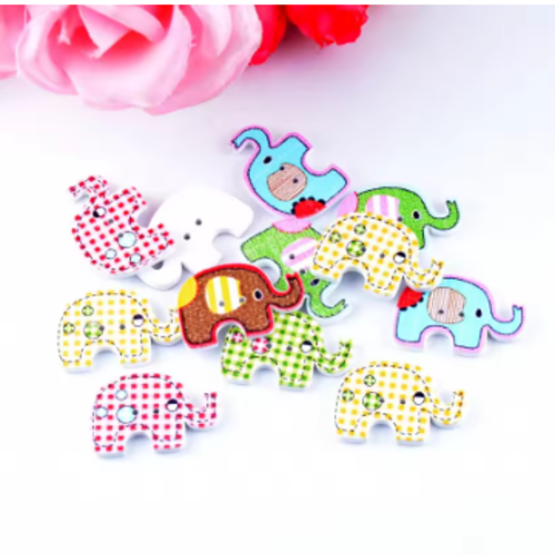 Lot de 10 boutons en bois eléphants multicolores