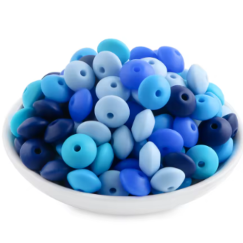 Lot de 10 perles lentilles en silicones - 12 x 7 mm - tons bleu - r132