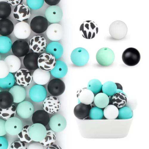 Lot de 10 perles en silicones - 12 mm - tons turquoise - vert - blanc - noir - r276