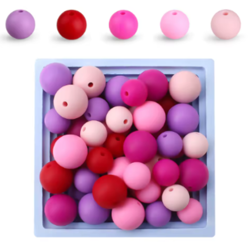 Lot de 10 perles en silicones - 12 mm - tons rouge - rose - fuchsia - violet - r277