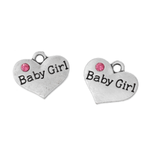 1 breloque coeur - baby girl - strass rose - couleurs métal argenté - r126
