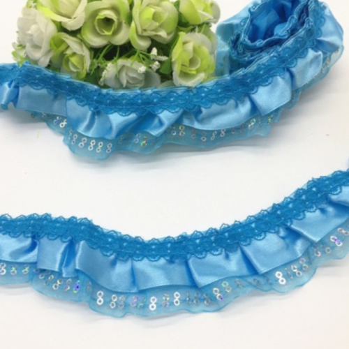 2 .50 m de galon dentelle satin - organza - sequin - plissée - froncée - 2 rangs - 45 mm - bleu - d173