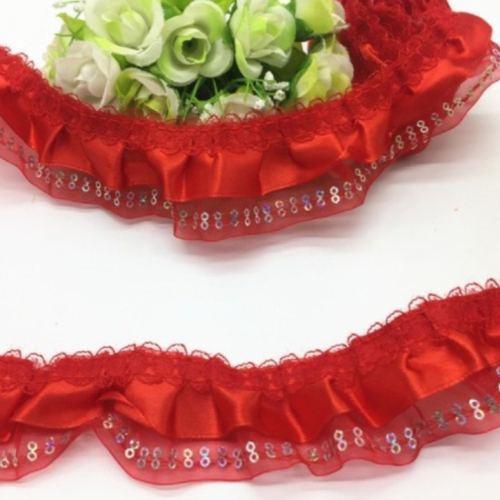 2.50 m de galon dentelle satin - organza - sequin - plissée - froncée - 2 rangs - 45 mm - rouge - vendu par 50 cm - d175