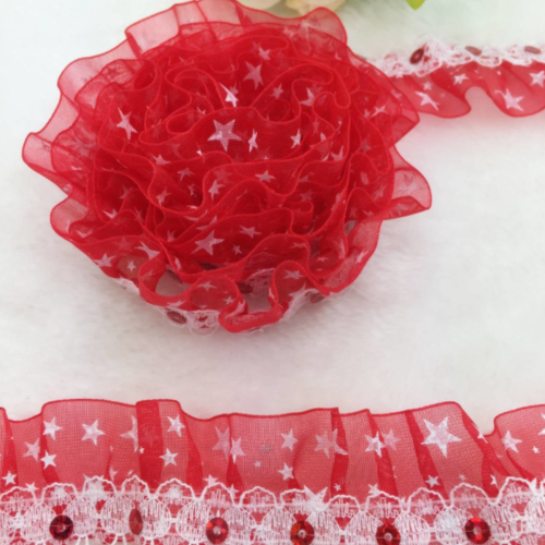 1.50 m de galon dentelle organza - etoiles - sequin - plissée - froncée - 2 rangs - 30 mm - rouge - d182