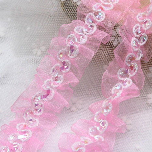 1.50 m de galon dentelle - organza - sequin - plissée - froncée - 25 mm - rose - d193
