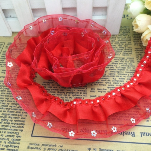 1.80 m de galon dentelle satin - organza - sequin - plissée - froncée - 3 rangs - 45 mm - rouge - d196