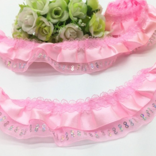 2 m degalon dentelle satin - organza - sequin - plissée - froncée - 2 rangs - 45 mm - rose - d198