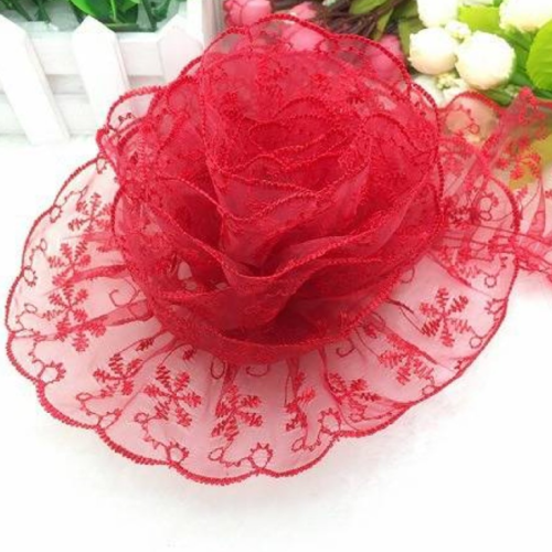 2 m de galon dentelle organza - plissée - froncée - 65 mm - rouge - d204