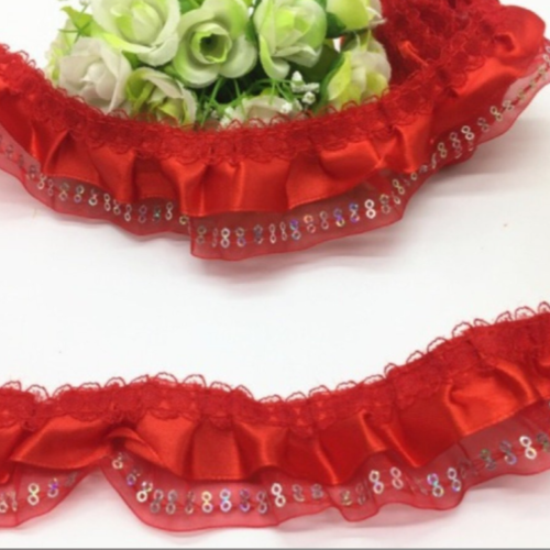 2.80 m de galon dentelle satin - organza - sequin - plissée - froncée - 2 rangs - 45 mm - rouge - vendu par 50 cm - d208