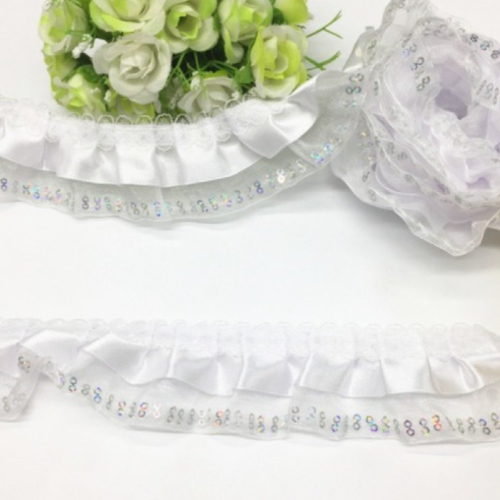2 m de galon dentelle satin - organza - sequin - plissée - froncée - 2 rangs - 45 mm - rouge - d210