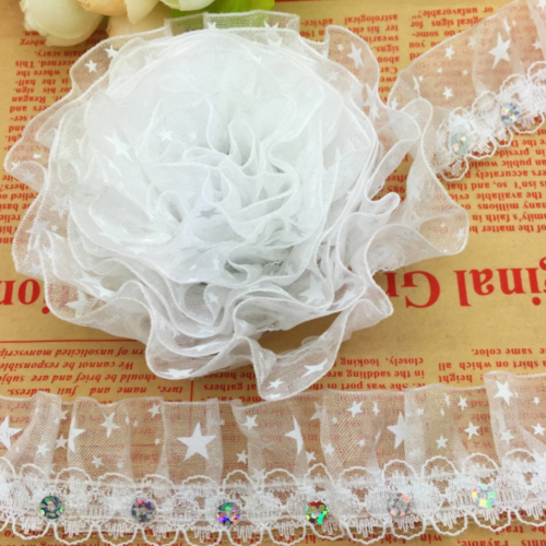 2.50 m de galon dentelle organza - etoiles - sequin - plissée - froncée - 2 rangs - 30 mm - blanc - d213