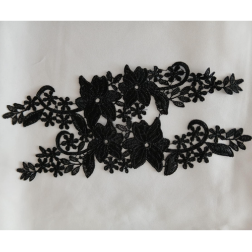Lot de 2 appliqués guipure dentelle fine - fleurs - perles - noir -  cp-n-22