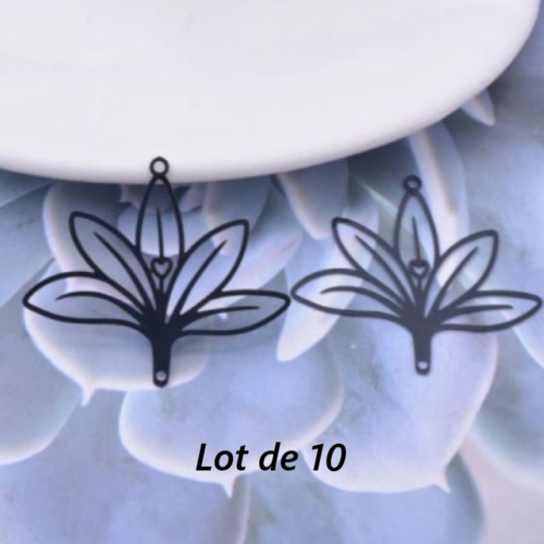 Lot de 10 pendentifs connecteurs - estampes fleur de lys - noir - filigrane - laser cut