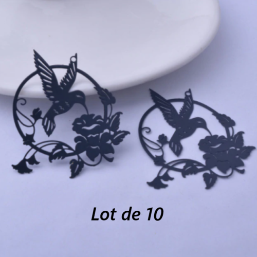 Lot de 10 pendentifs breloques - oiseaux colibris - noir - filigrane - laser cut