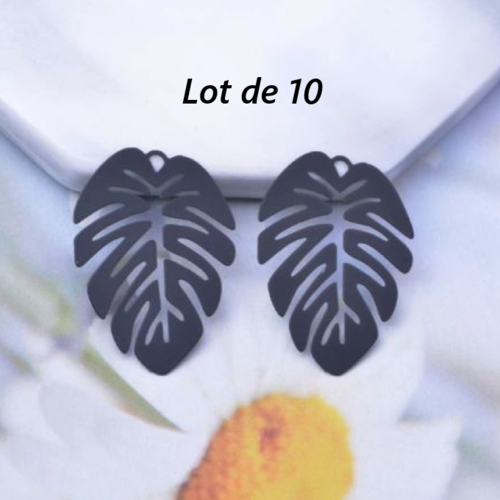 Lot de 10 pendentifs estampes - feuille exotique monstera - filigrane - laser cut - noir