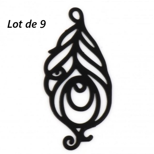 Lot de 9 pendentifs - estampes en filigrane - plume - noire