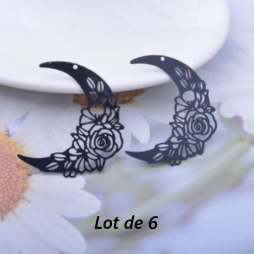 Lot de 6 pendentifs breloques - estampe lune et fleur - noir - filigrane - laser cut