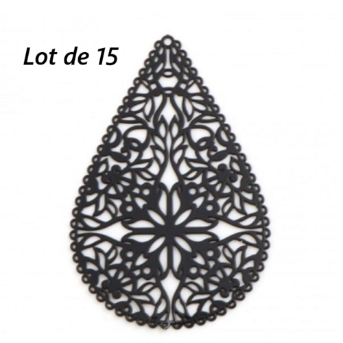Lot de 15 breloques gouttes d'eau estampe en filigrane - noire