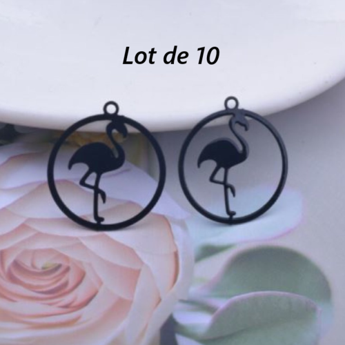 Lot de 10 pendentifs breloques - estampes flamand rose - noir - filigrane - laser cut