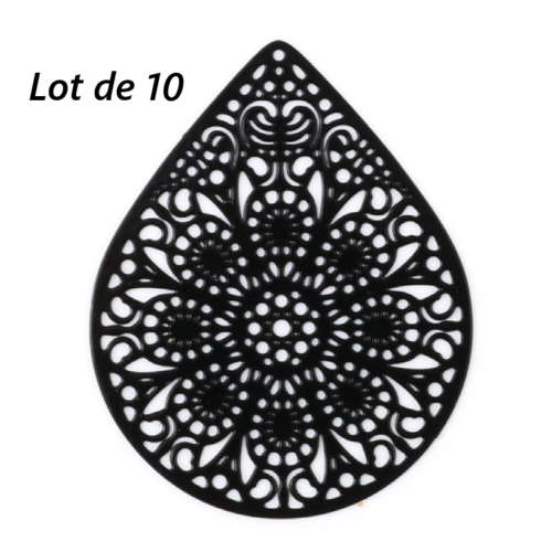 Lot de 10 pendentifs breloques - estampes goutte - noir - filigrane - laser cut
