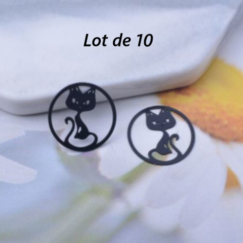 Lot de 10 pendentifs breloques - estampes - chat  - noir - filigrane - laser cut