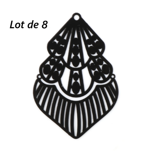 Lot de 8 pendentifs breloques - estampes - feuille - noir - filigrane - laser cut