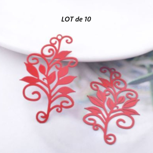 Lot de 10 pendentifs breloques - feuille - rouge - filigrane - laser cut