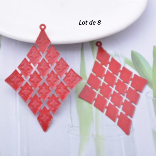 Lot de 8 pendentifs breloques - losange - rouge - filigrane - laser cut