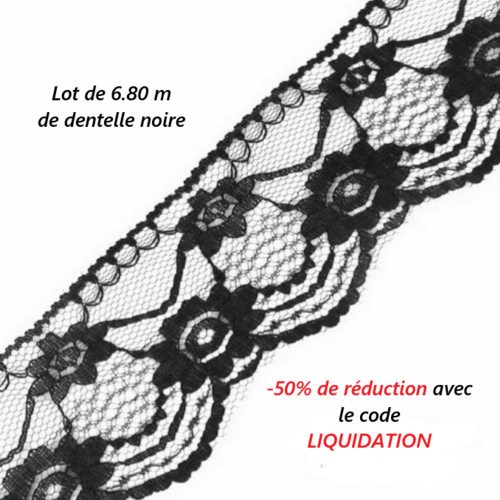 Lot de 6.80 m de ruban en dentelle fine - 50 mm - noire -  vendu au mètre - d132