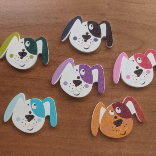 Lot de 10 boutons ronds en bois - tête de chien