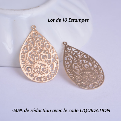 Lot de 10 pendentifs - goutte - fleur - filigrane - couleur dorée