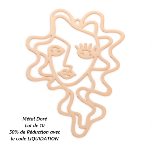 Lot de 10 breloques pendentifs - visage femme - filigrane doré - r884