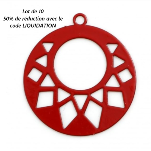Lot de 10 breloques estampes en filigrane - ronde - rouge