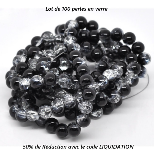 Lot de 100 perles craquelées en verre - noires - 10 mm - p1379