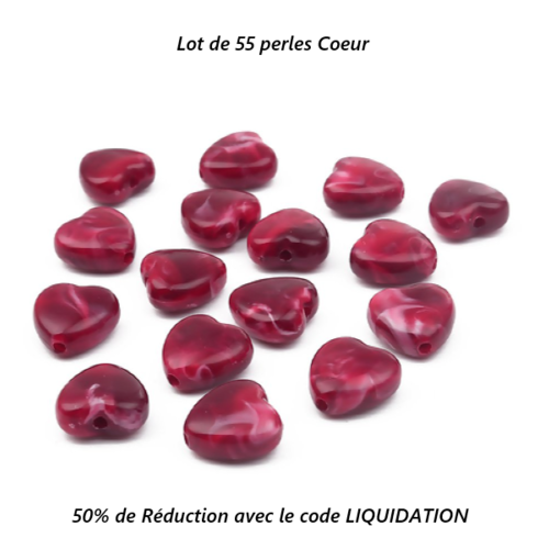 Lot de 55 perles en acrylique - coeur - effet marbré - couleur lie de vin - p910
